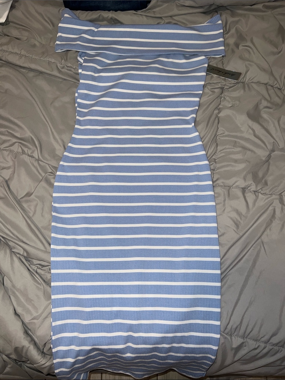 Off-Shoulder Blue and White Stripe Bodycon Dress